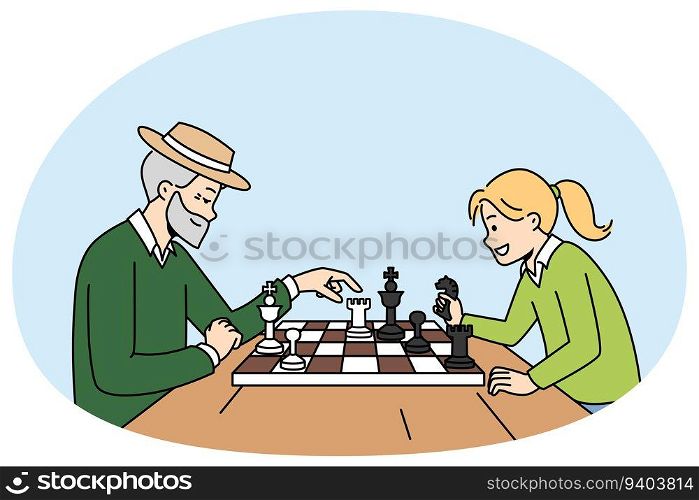 Mature grandfather playing chess with small girl. Happy elderly man enjoy board game with little child. Hobby and leisure time. Vector illustration.. Older man playing chess with small girl