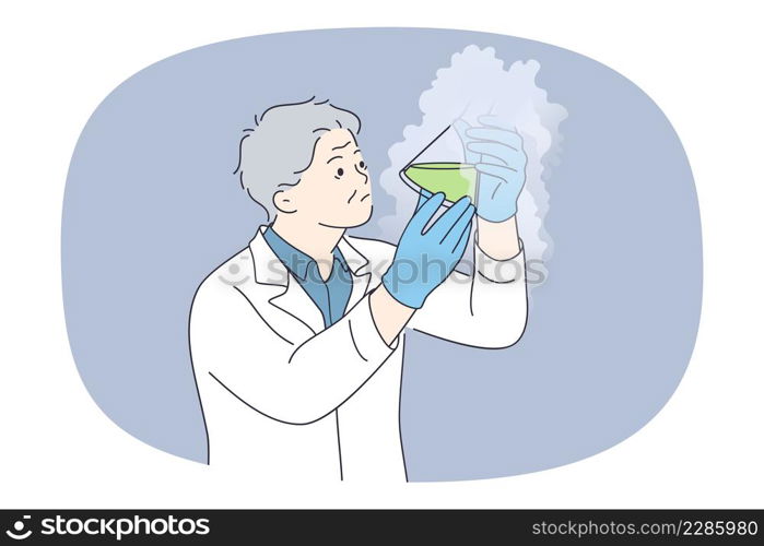 Mature male lab worker hold tube do experiments in laboratory. Focused older man scientist or researcher with test-tube experiment with chemicals make research. Vector illustration. . Old male researcher make experiments with tube