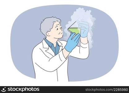 Mature male lab worker hold tube do experiments in laboratory. Focused older man scientist or researcher with test-tube experiment with chemicals make research. Vector illustration. . Old male researcher make experiments with tube