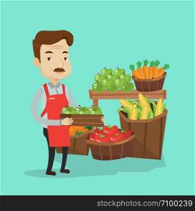 Mature male supermarket worker holding a box full of apples. Friendly worker of grocery store standing in front of section with vegetables and fruits. Vector flat design illustration. Square layout.. Supermarket worker with box full of apples.