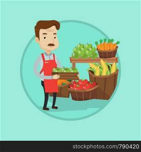 Mature male supermarket worker holding box with apples. Supermarket worker standing in front of section with vegetables and fruits. Vector flat design illustration in the circle isolated on background. Supermarket worker with box full of apples.