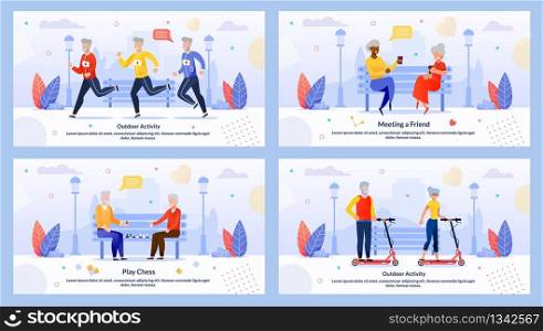 Mature People Characters Rest Motivate Flat Banner Set. Senior Men and Aged Women Jogging or Running Marathon, Riding Scooter, Meeting Friends, Playing Chess in Park. Vector Cartoon Illustration. Mature People Characters Rest Motivate Banner Set