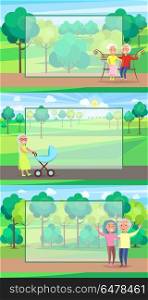 Mature People Together Grandparents Sit Ride Walk. Mature people together grandparents sit on bench, walk with newborn boy and ride bike on background of green trees set of vector with frame for text.