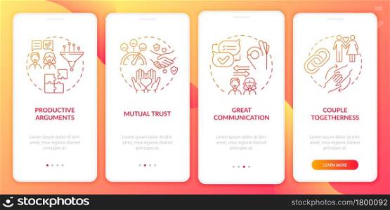 Mature relationship onboarding mobile app page screen. Couples wellbeing walkthrough 4 steps graphic instructions with concepts. UI, UX, GUI vector template with linear color illustrations. Mature relationship onboarding mobile app page screen