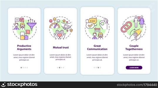 Mature relationships signs onboarding mobile app page screen. Mutual trust walkthrough 4 steps graphic instructions with concepts. UI, UX, GUI vector template with linear color illustrations. Mature relationships signs onboarding mobile app page screen