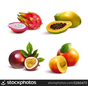 Mature Tropical Fruits Set. Ripe tropical fruits and slices realistic set with isolated images of mango pitaya papaya and passionfruit vector illustration
