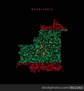 Mauritania flag map, chaotic particles pattern in the colors of the Mauritanian flag. Vector illustration isolated on black background.. Mauritania flag map, chaotic particles pattern in the Mauritanian flag colors. Vector illustration