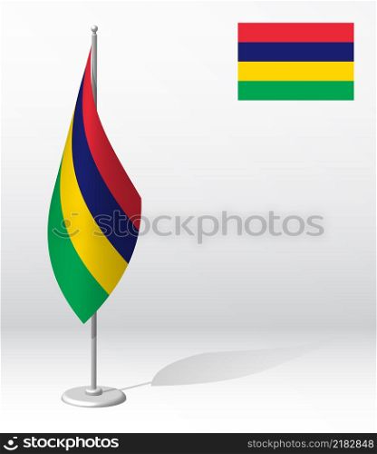 MAURITIUS flag on flagpole for registration of solemn event, meeting foreign guests. National independence day of MAURITIUS. Realistic 3D vector on white