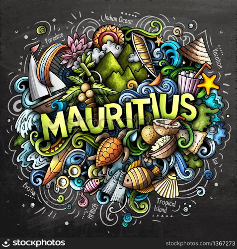 Mauritus hand drawn cartoon doodles illustration. Funny travel design. Creative art vector background. Handwritten text with exotic island elements and objects. Colorful composition. Mauritus hand drawn cartoon doodles illustration. Funny travel design.