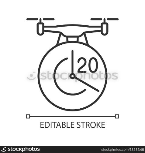 Maximum flight time linear manual label icon. Twenty minutes limit. Thin line customizable illustration. Contour symbol. Vector isolated outline drawing for product use instructions. Editable stroke. Maximum flight time linear manual label icon