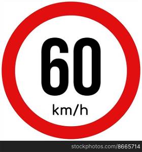 Maximum speed limit illustration 60 km per hour. Traffic sign icon isolated on a white background