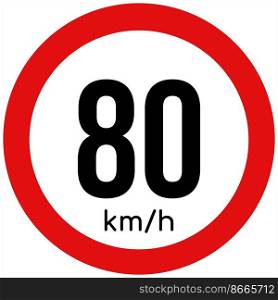 Maximum speed limit illustration 80 km per hour. Traffic sign icon isolated on a white background