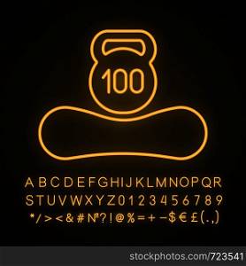 Maximum weight limit up to 100 kg neon light icon. Mattress weight recommendation per person of hundred kilograms. Glowing sign with alphabet, numbers and symbols. Vector isolated illustration. Maximum weight limit up to 100 kg neon light icon