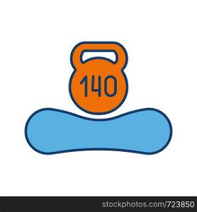 Maximum weight limit up to 140 kg color icon. Mattress weight recommendation per person of hundred and forty kilograms. Sleeper suitable mass. Mattress and kettlebell. Isolated vector illustration. Maximum weight limit up to 140 kg color icon