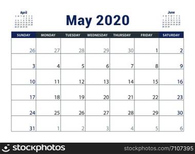 May 2020 calendar. English planner. ?olor vector template. Week starts on Sunday. Business planning. New year calender. Clean minimal table. Simple design