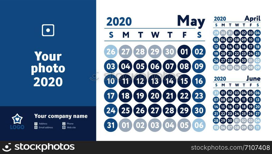 May 2020 calendar. New year planner design. English calender. Blue color vector template. Week starts on Sunday. Business planning.