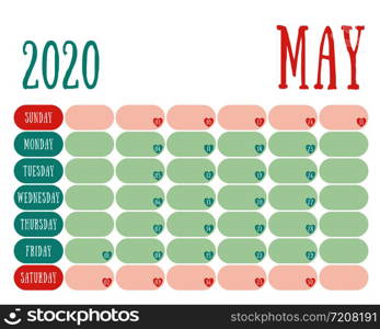 May 2020 diary. Calendar. Cute trend design. New year planner. English calender. Green and red color vector template. Notebook for notes. Week starts on Sunday. Planning. Hearts