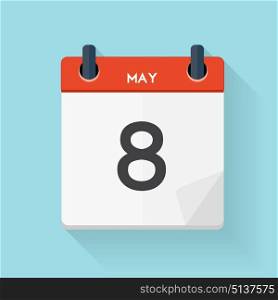 May 8 Calendar Flat Daily Icon. Vector Illustration Emblem. Element of Design for Decoration Office Documents and Applications. Logo of Day, Date, Time, Month and Holiday. EPS10. May 8 Calendar Flat Daily Icon. Vector Illustration Emblem. Elem