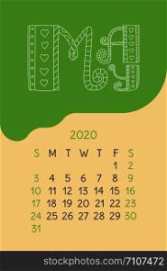 May calendar 2020. Colorful calender. Vector hand drawn design. Doodle English lettering collection. Hearts and lines