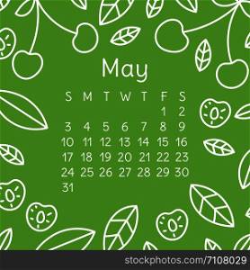 May calendar 2020. Vector English wall calender template. Cherry berries. Hand drawn design. Doodle sketch. Sunday