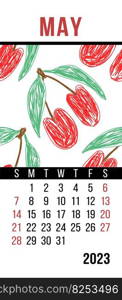 May. Calendar 2023. Cherry fruits. Week starts on Sunday. English template.. May. Calendar 2023. Cherry fruits. Week starts on Sunday. English template