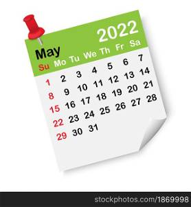 May calendar page. Green color list. Red drawing pin. 2022 year. Organizing concept. Vector illustration. Stock image. EPS 10.. May calendar page. Green color list. Red drawing pin. 2022 year. Organizing concept. Vector illustration. Stock image.