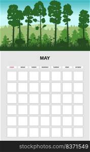May Calendar Planner month. Minimalistic forest landscape natural backgrounds Spring. Monthly template for diary business. Vector isolated illustration. May Calendar Planner month. Minimalistic forest landscape natural backgrounds Spring. Monthly template for diary business. Vector isolated