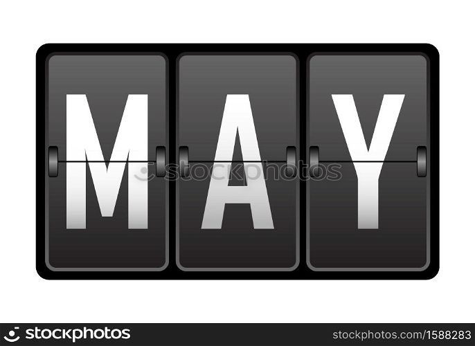 May. Name of the month on the cells of the mechanical tableau. Vector illustration.