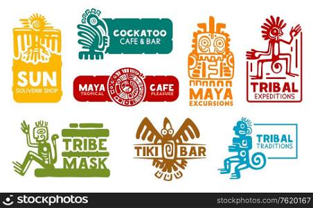 Maya and Aztec business corporate identity icons. Vector Mayan and Aztec symbols, souvenir shop or food cafe bar and Mexico historic travel trip excursion agency. Aztec and Maya corporate business identity icons