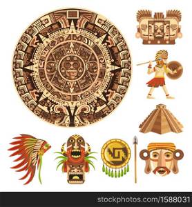 Maya calendar, Mayan or Aztec culture, Mexican history, isolated icons vector. Ancient religion, tribal sun stone and pyramid. Face sculptures and masks, warrior and feather hat, shield and spear. Mayan or Aztec culture, Maya calendar, Mexican history