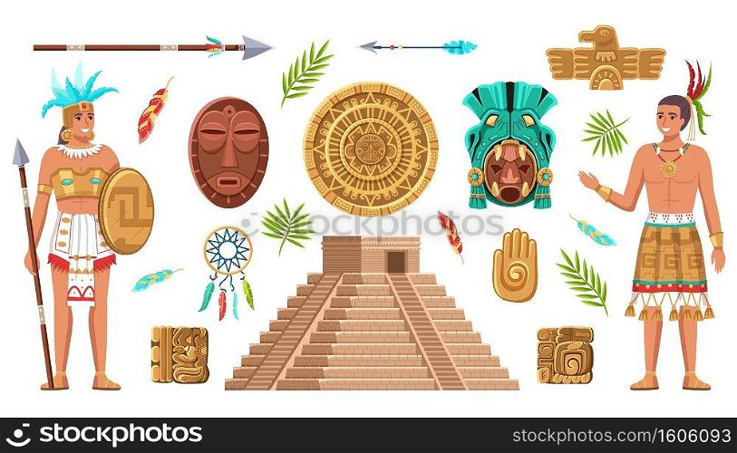 Maya civilization culture. Incas and aztec ancient art, ethnic artifacts and sign collection, indian people, historical heritage and landmarks, religion masks and pyramid vector cartoon isolated set. Maya civilization culture. Incas and aztec ancient art, ethnic artifacts, indian people, historical heritage and landmarks, religion masks and piramid vector cartoon isolated set