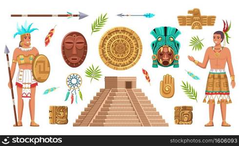 Maya civilization culture. Incas and aztec ancient art, ethnic artifacts and sign collection, indian people, historical heritage and landmarks, religion masks and pyramid vector cartoon isolated set. Maya civilization culture. Incas and aztec ancient art, ethnic artifacts, indian people, historical heritage and landmarks, religion masks and piramid vector cartoon isolated set