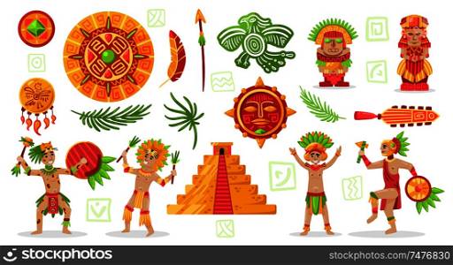Maya civilization culture set with doodle style characters of mayan natives and tribal jewelry diy items vector illustration