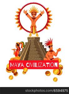 Maya civilization people and ancient teotihuacan pyramid on white background cartoon vector illustration. Maya Civilization Illustration
