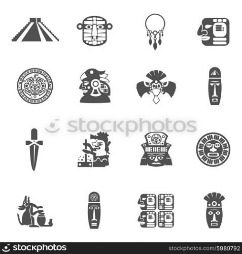 Maya icons black set with traditional mexican indian culture symbols isolated vector illustration. Maya Icons Black
