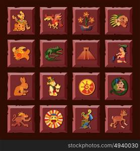 Maya Icons Set . Maya square icons set with civilization and culture symbols flat isolated vector illustration