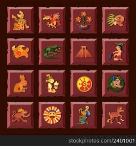 Maya square icons set with civilization and culture symbols flat isolated vector illustration . Maya Icons Set