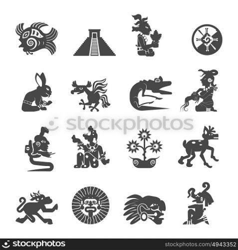 Maya Symbols Flat Icons Set. Maya writing ancient script black icons collection with astrological signs and sacred symbols abstract isolated vector illustration