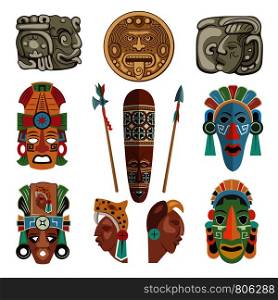 Mayan antique symbols and pictures. Ancient mayan or aztec symbol, tribal antique mask and traditional elements. Vector illustration. Mayan antique symbols and pictures
