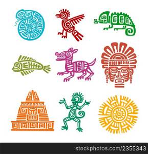 Mayan aztec totem of snake, eagle bird, fish and chameleon, monkey, dog and tiki mask, sun, Incas pyramid. Latin America or mexican history, traditional art or maya civilization vector ancient symbols. Mayan aztec or inca animal totems, religion symbol