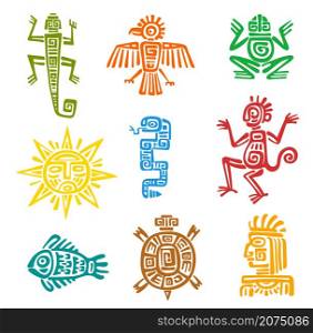 Mayan aztec totem with isolated vector symbols of animals and birds. Ancient Mexican tribal eagle, snake, turtle and lizard, aztec god, pyramid, sun and monkey, fish, frog, raven with ethnic pattern. Mayan aztec totems, animal and bird vector symbols