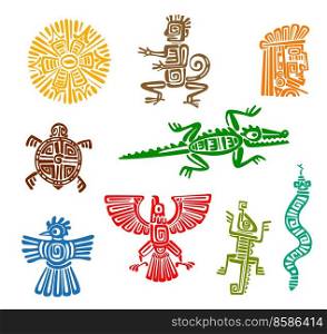 Mayan aztec totems of ancient mexican eagle bird, monkey, snake and Inca god face vector symbols. Isolated tribal sun, turtle, chameleon lizard, crocodile and crow with color ethnic pattern of Maya. Mayan aztec totems, ancient mexican birds, animals