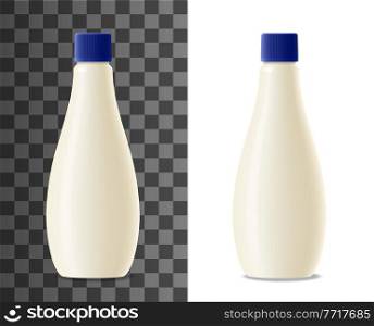 Mayonnaise plastic bottle realistic packaging mock up. Milk, yogurt or cream dairy products blank pack, 3d vector white container with blue lid. Mayo sauce bottle design mockup. Mayonnaise plastic bottle realistic packaging