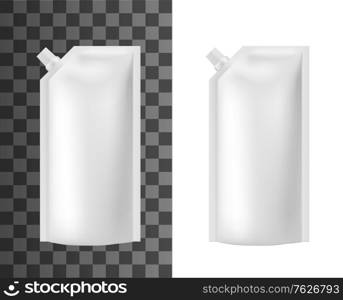 Mayonnaise pouch, plsstic white sauce package, food bag doypack, vector mockup. Realistic 3D white blank plastic pouch for mayonnaise, ketchup or liquid soap with spout, squeeze doy pack template. Mayonnaise pouch package, sauce plastic bag