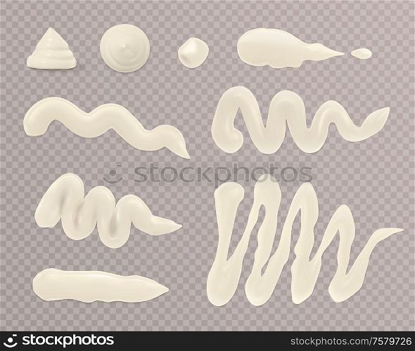 Mayonnaise white sauce spots realistic transparent set isolated vector illustration