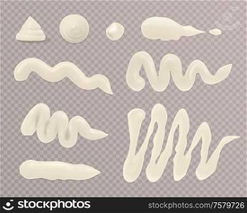 Mayonnaise white sauce spots realistic transparent set isolated vector illustration