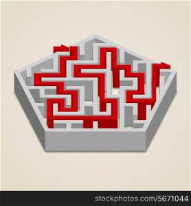 Maze 3d hexagon labyrinth puzzle game with red path solution vector illustration