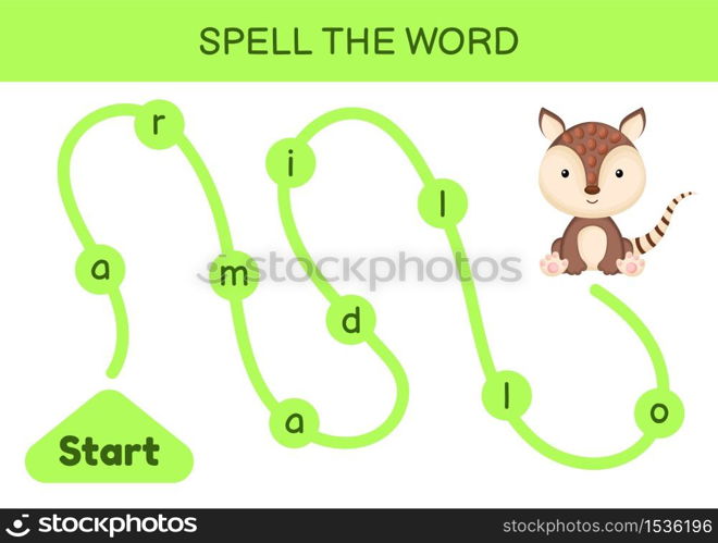 Maze for kids. Spelling word game template. Learn to read word armadillo, printable worksheet. Activity page for study English. Educational activity for development of children. Vector illustration.