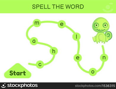 Maze for kids. Spelling word game template. Learn to read word chameleon, printable worksheet. Activity page for study English. Educational activity for development of children. Vector illustration.