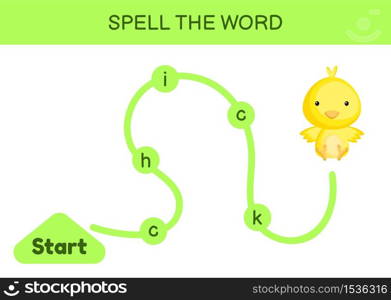 Maze for kids. Spelling word game template. Learn to read word duck, printable worksheet. Activity page for study English. Educational activity for development of children. Vector illustration.